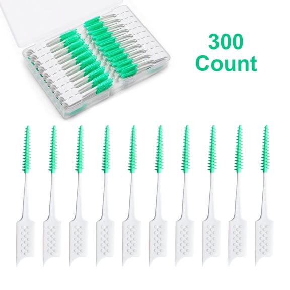 ACSKD 300 Pack Interdental Brushes,Dual-use Soft Rubber Head Dental Floss Pick,Dual-End Disposable Tooth Picks,Green