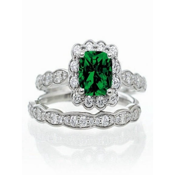 Limited Time Sale 1.50 Carat Princess Cut Emerald and Diamond Wedding Ring set in 10k White Gold affordable bridal ring set