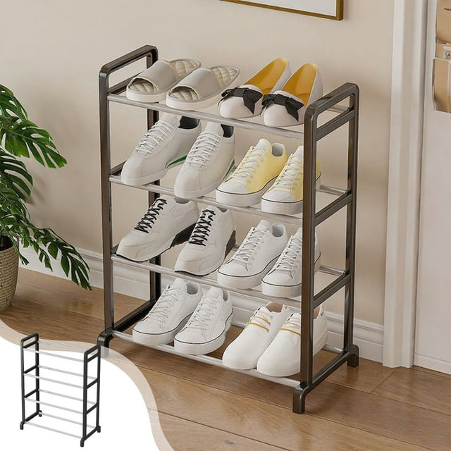 Zapatero organizador de 4 niveles, de plástico, para 12-16 pares, color blanco o negro, ahorra espacio y se monta sin herramientas para la entrada, el armario y el dormitorio.,Vsgery