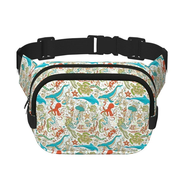 Fotbe Sea Animal Cangurera Cuadrada con Estampado de Doble Capa, Bolsa de Cintura Ajustable Mini para Hombres y Mujeres