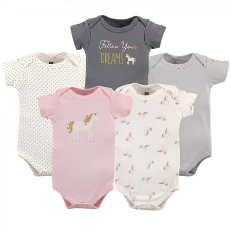 UPC: 0660168584264 | Hudson Baby Infant Girl Cotton Bodysuits 5pk  Gold Unicorn  0-3 Months