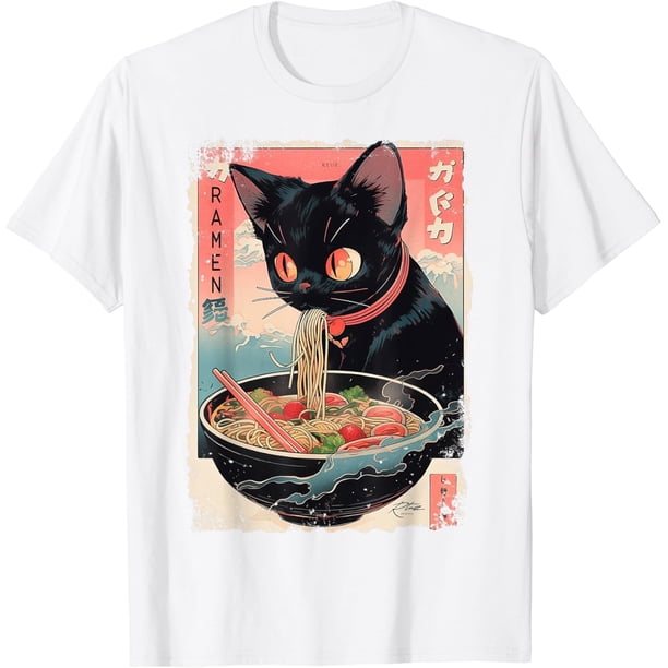 Cat Ramen Noodle Japanese Anime Manga Ramen Kawaii Cat Camiseta, Blanco, XX-Large