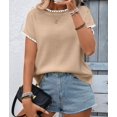 thumbnail image 4 of Women'S Ribbed Sweater Crew Neck Short Sleeve Loose Fit Knit Pullover Tops Khaki L, 4 of 9