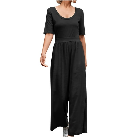 Bigersell Women Skinny Jumpsuits High Waist Fashion Women Summer Casual Short Sleeve Solid Color Wide Leg Pants Jumpsuits Oversized Pants for Ladies