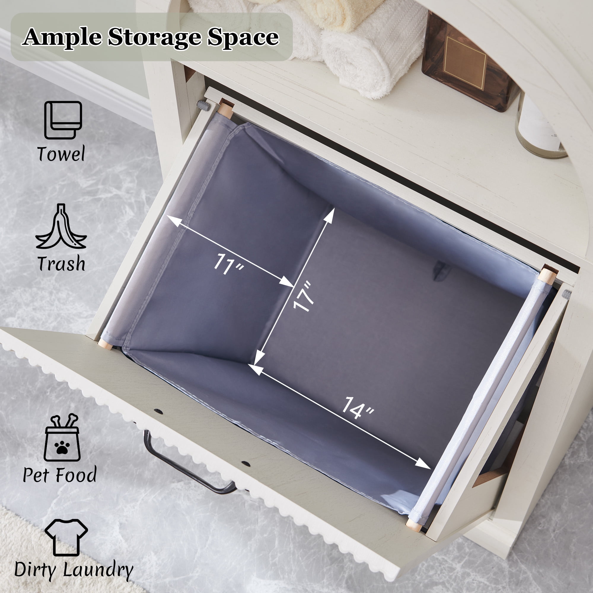 SinCiDo Arched Laundry Hamper Cabinet, 10 Gallon Fluted Hidden Garbage Can Cabinets with Laundry Basket, Free Standing for Bathroom & Kitchen, White