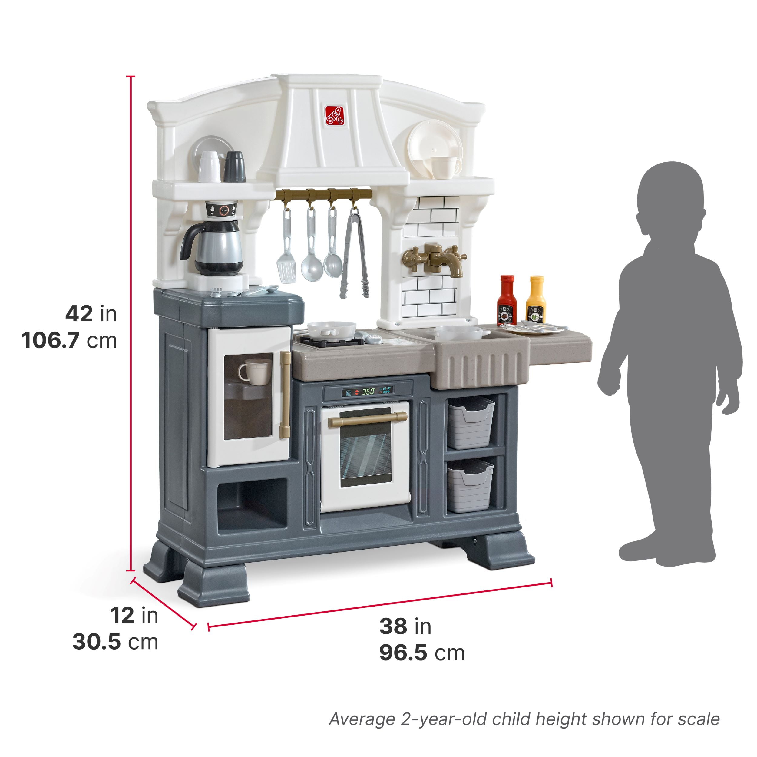 Step2 Gilded Gourmet Kitchen Playset For Kids Includes 20 Plus Toy Kitchen  Accessories Interactive Features For Realistic Pretend Play White Blue Gray