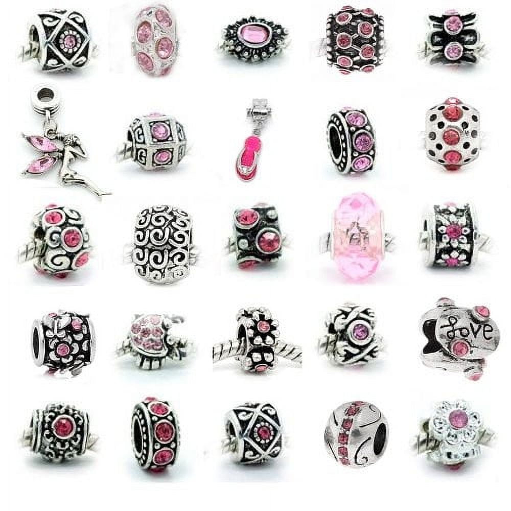 20 Pack Assorted Bead Charms For Snake Chain Bracelets - Fits Pandora, Chamilia, Troll & More | Silver Alloy With Crystals - View #4