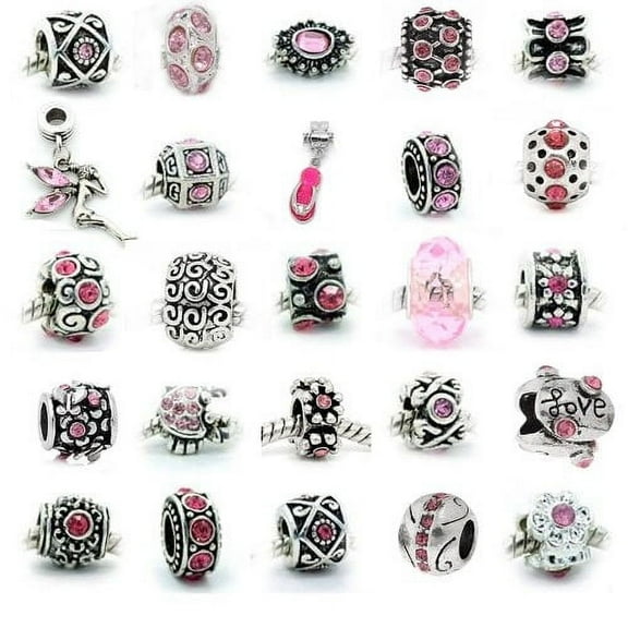 Sexy Sparkles Silver Base Assorted Metal Beads Charms Spacers Pink Crystal Rhinestone, Zinc Alloy,10 Pcs