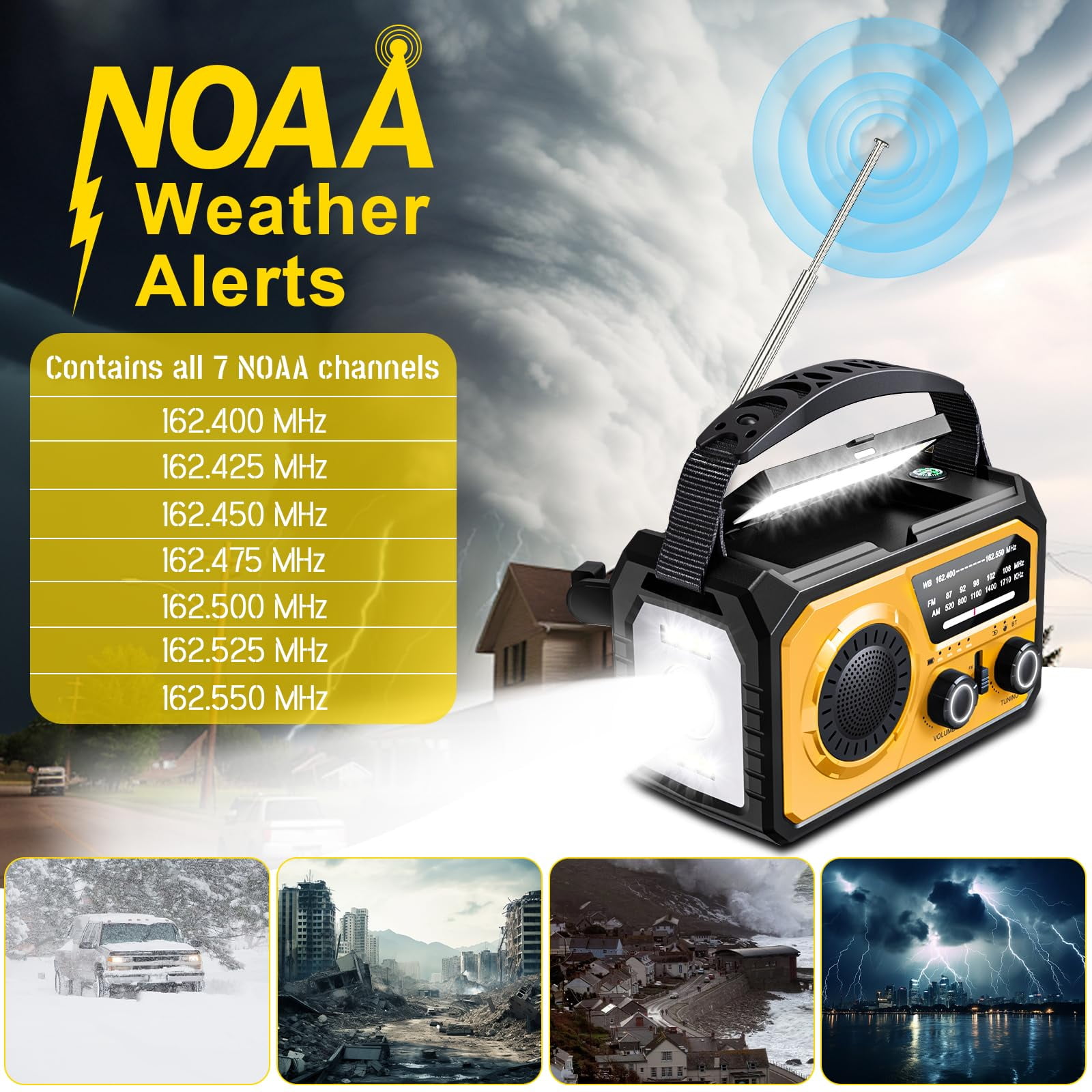 16000mAh/59200mWh Emergency Radio with Bluetooth 5.3-Hand Crank Weather Radio with Battery Powered and Fast Charging, NOAA/AM/FM Portable Solar Radio with SOS Alert Flashlight, Outdoor Survival Gear