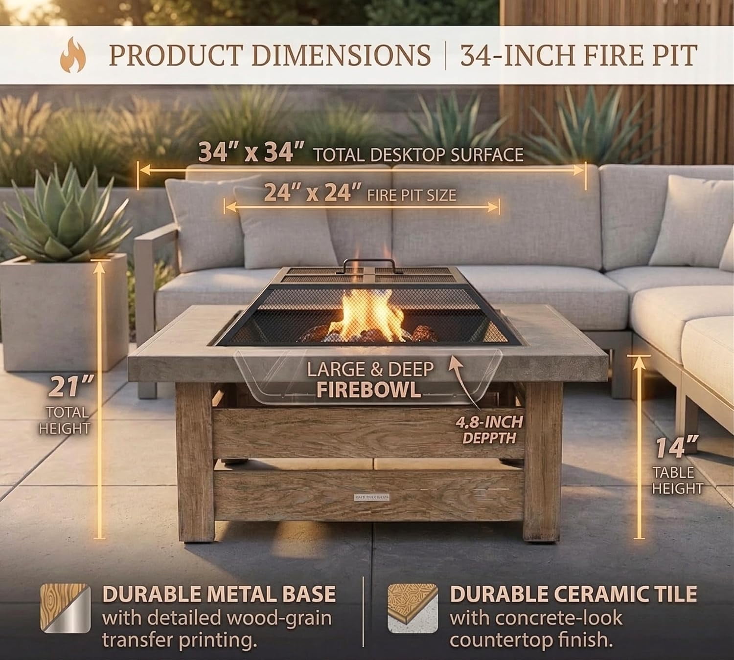 34" Wood Burning Fire Pit, Outdoor Fire Pit Table for  Backyard Garden, Large Square Fire Pit for Outside, Metal Firepit with Removable Lid, Mesh Cover, Poker