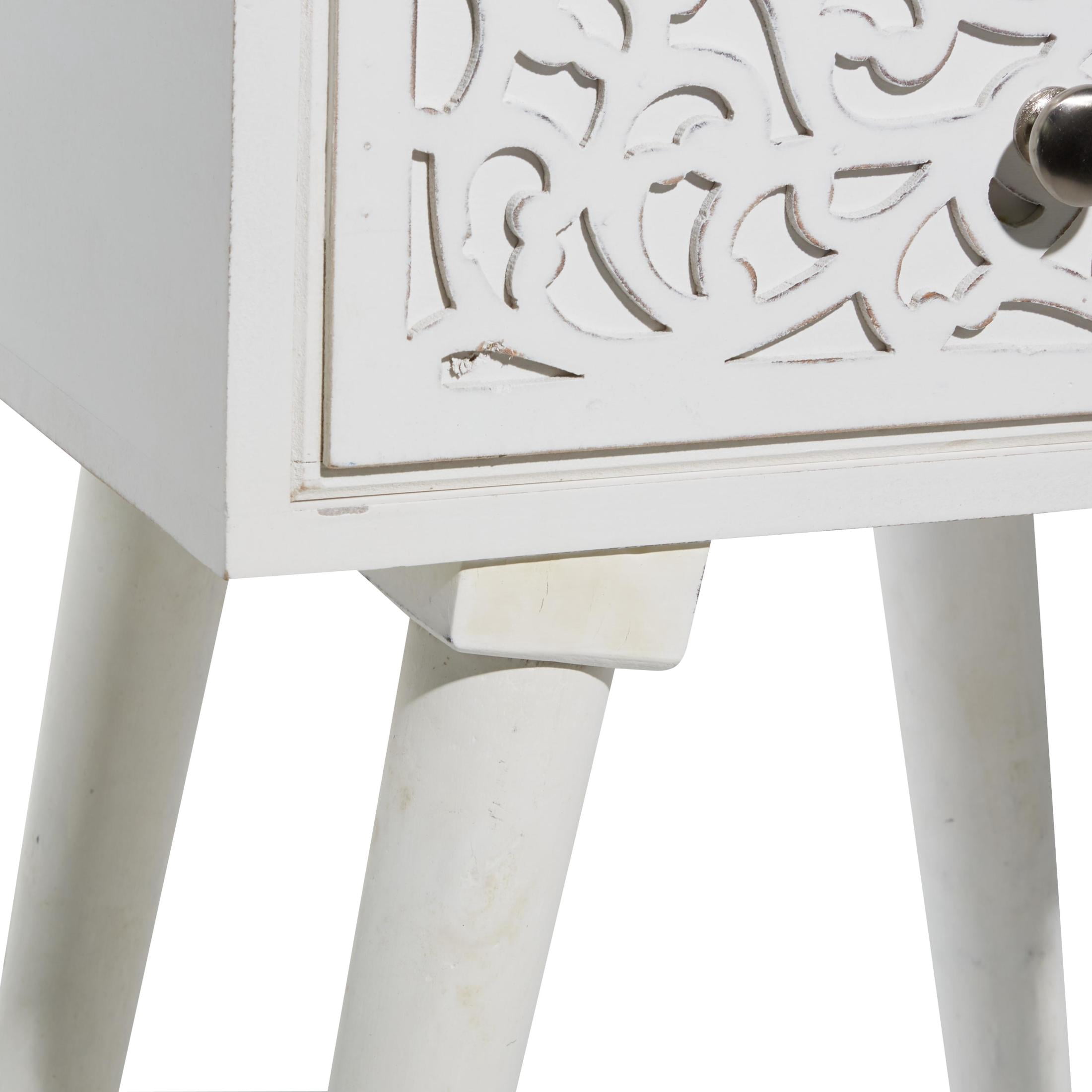DecMode 16" x 24" White Mango Wood Intricately Carved Single Drawer Scroll Accent Table, 1-Piece