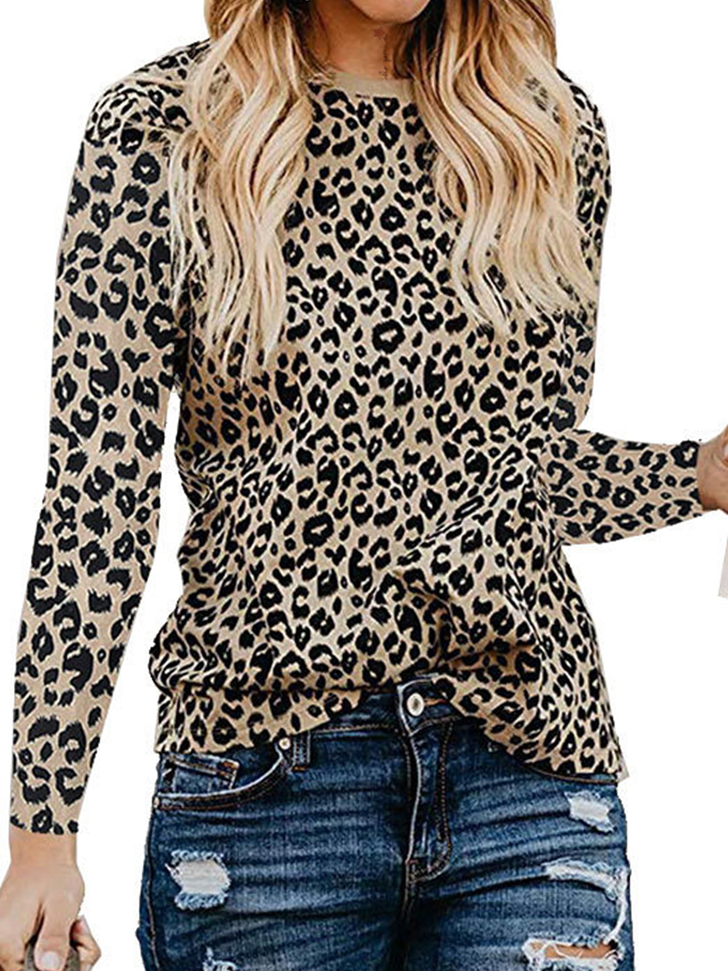 QUNANEN Womens Tops Leopard Blouse Long Sleeve Fashion Ladies T-Shirt Oversize Tops