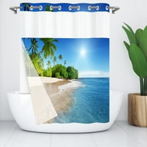 Goodbath No Hook Shower Curtain with Snap in Liner,Ocean Beach Seaside Palm Trees Island Shower Curtains, Double Layer, Mesh Top Window,71 x74 inches,Blue