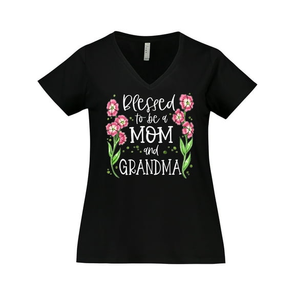 Inktastic Blessed to Be a Mom and Grandma Pink Flowers Women's Plus Size V-Neck T-Shirt