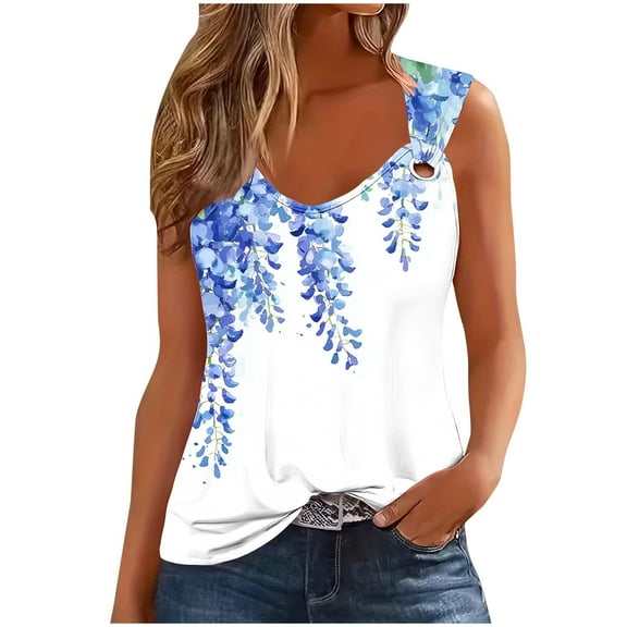 ZQUUVOU Tank Top For Women Crew Neck Lace Sleeveless Printied Tops (Light Blue,S)