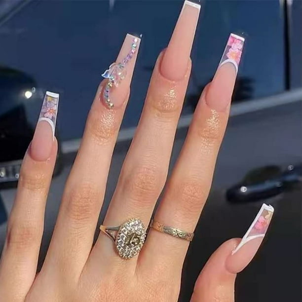 Coffin Fakes Nails Uñas extralargas para mujer, uñas de lujo, uñas con diamantes de imitación, uñas postizas acrílicas, uñas de bailarina de cobertura completa, 24 piezas