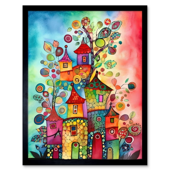 Country Houses Concept Folk Art Watercolour Painting Art Print Framed Poster Wall Decor 12x16 inch