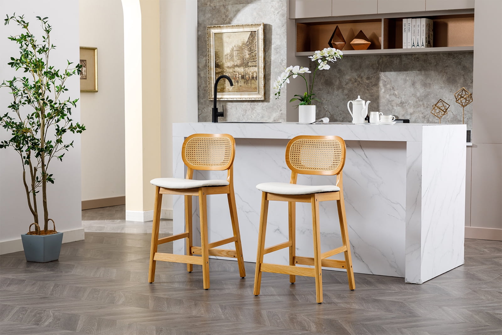 Dayalane Rattan Counter Height Bar Stools Set of 2, 26" Mid Century Modern Wood Farmhouse Barstools with Footrest, PU Upholstered Kitchen Island Chairs for Pub Restaurant, White