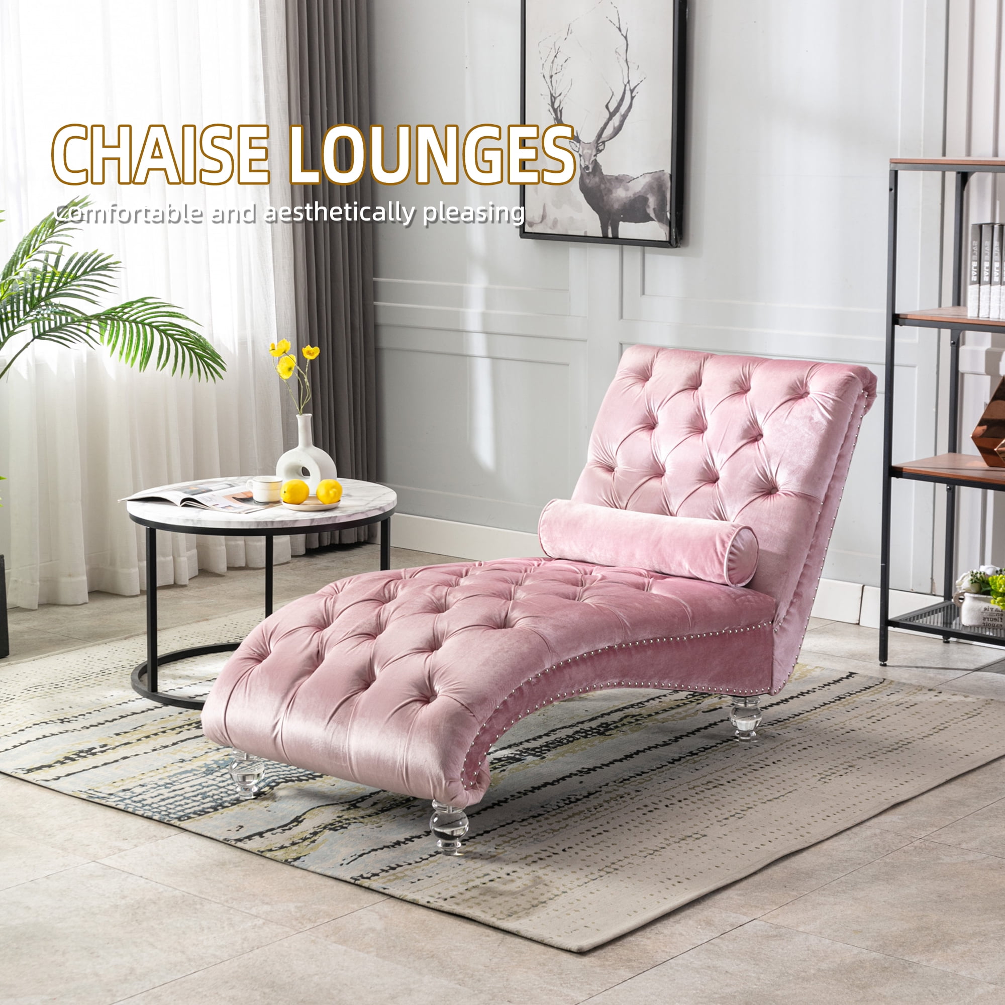 MOONMISS Velvet Chaise Lounge Chair Button Tufted Upholstered with Pillow Indoor
