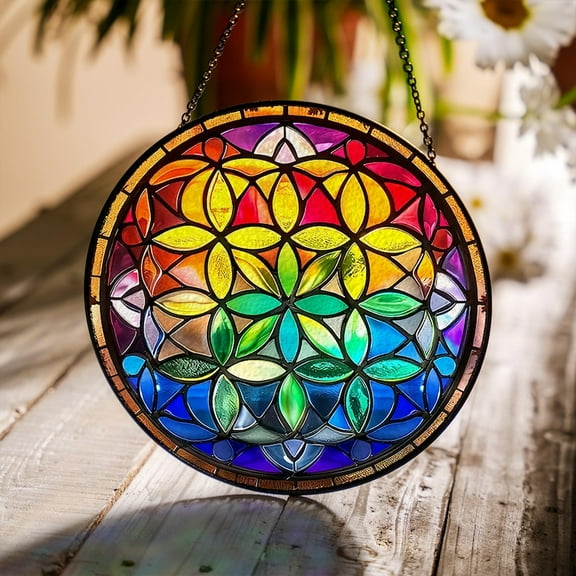 Mandala Stained Glass Suncatcher, Geometric Window Hanging Decor, Boho Sun Catcher Ornament, Colorful Glass Art, Outdoor Patio Wall Decor
