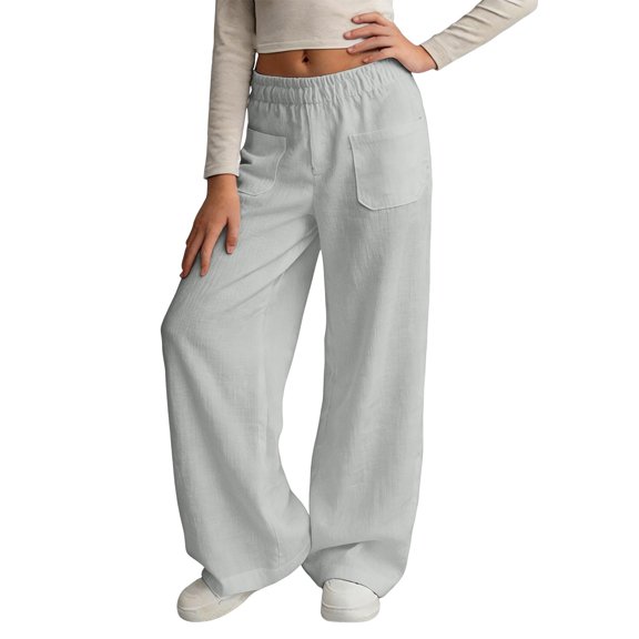 XXWXYD Girls Linen Pants Palazz𝗈 Loose Straight High Waisted Wide Leg Pants Summer Lightweight Dress Pant for Kids Teen Girl Elastic Waist Pants