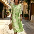 thumbnail image 5 of Ahabrexf Summer Dresses for Women, Floral Embroidered 3/4 Sleeve Round Neck Casual Midi Dress for Beach Vacation Wear, 5 of 8