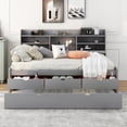 thumbnail image 2 of Full Size Wooden Captain Bed with Bookshelves, 3 Drawers and Trundle - Classic Antique Brown Storage Bed for Guest Room, Small Space, Light Grey, 2 of 16