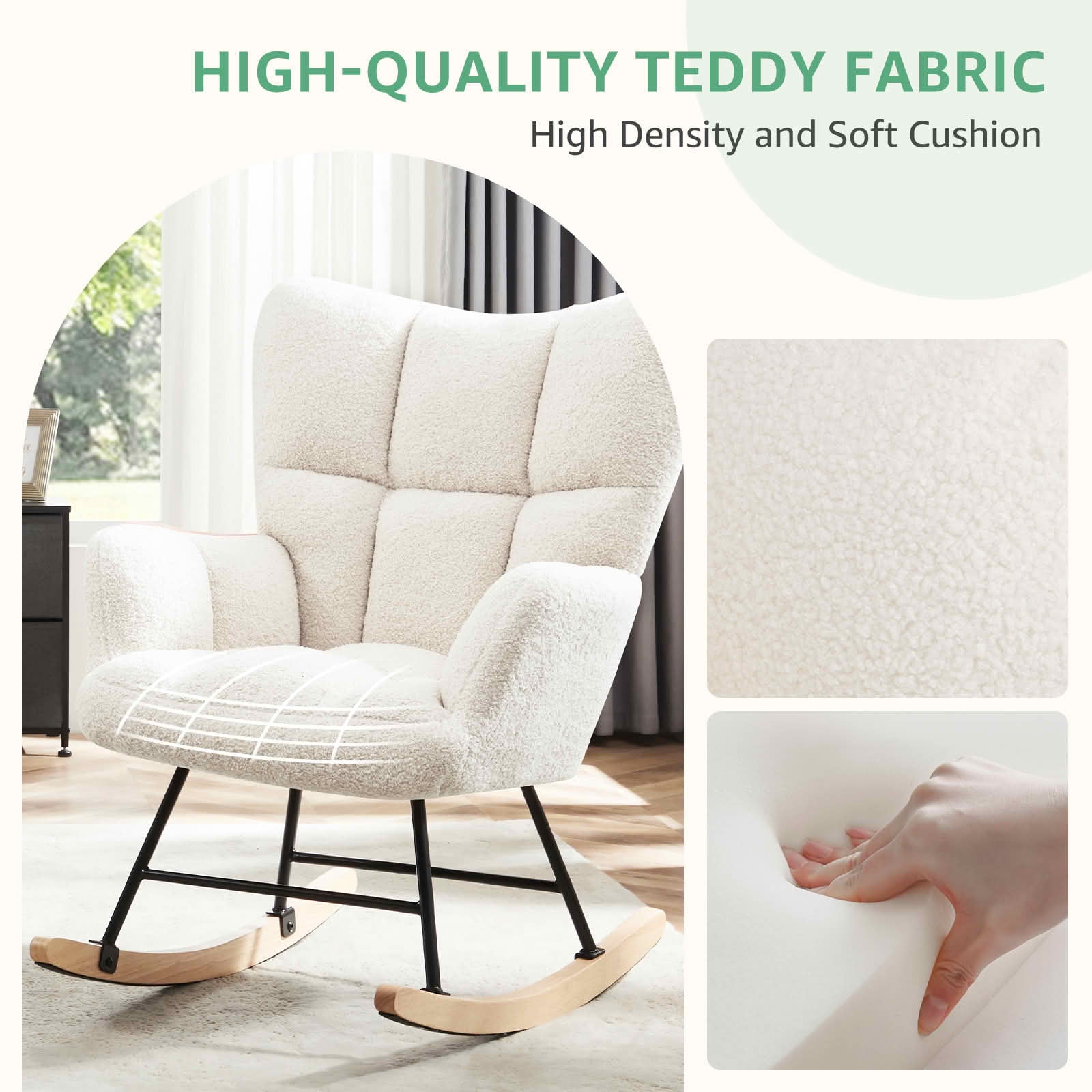 MAYEERTY Teddy Upholstered Modern Glider Rocker High Backrest Reading Chair for Nursery Bedroom Living Room