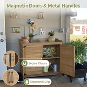 Lofka Outdoor Wooden Storage Cabinet with Potting Bench, Natural Wood Color, Weatherproof Garden Work Station, Patio Tool Shed for Backyard