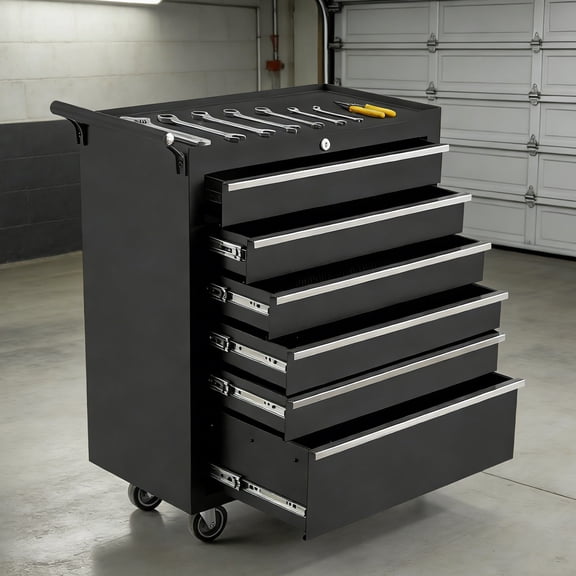 Garvee Tool Cart with Wheels and 6-Drawers, Portable Tool Storage Cabinet for Garage, Workshop, Black