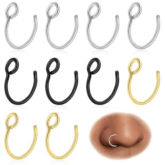 10Pcs Fake Nose Rings, 20G Fake Nose Ring Hoop 8mm Stainless Steel Nose Ring Nose Hoop, Clip on Nose Ring Jewelry Fake Lip Ring Faux Piercing Jewelry for Women Men(Silvery Golden Black)