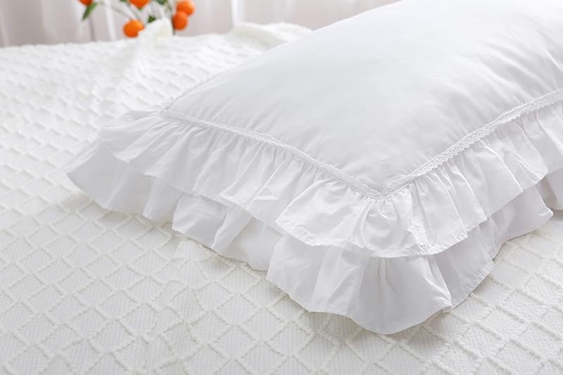 2-Pack Bright White Pillow Shams Pillowcases with Lace and Ruffles Cotton Standard Twin Size 20"X26" Shabby Chic