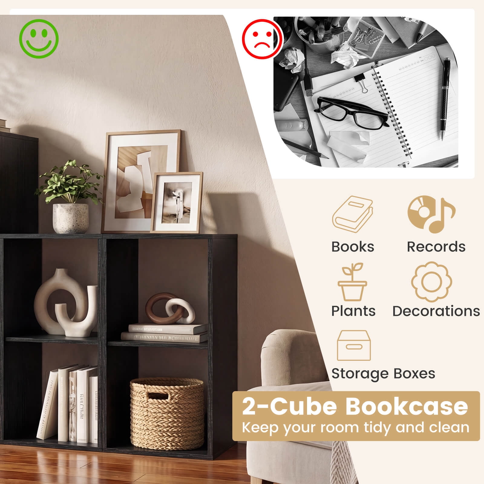 Costway 2-Cube Bookshelf, Modern Vertical Bookcase with Back Guardrail&Anti-tipping Kits Black