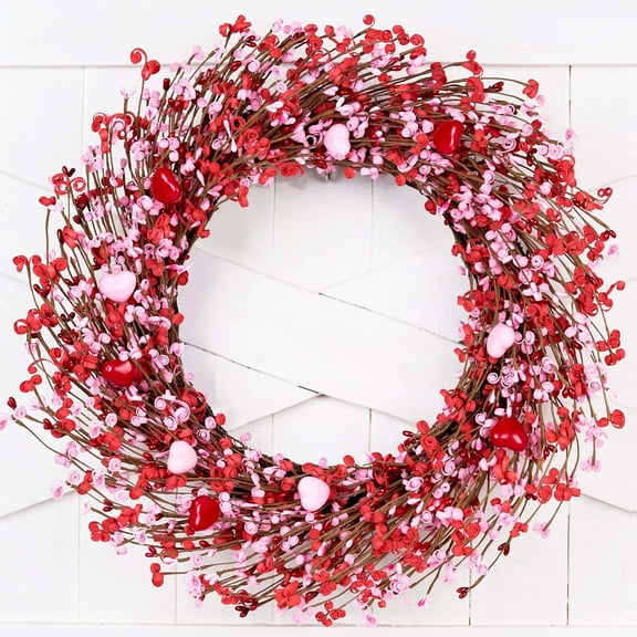 JEWLALO Valentine's Day Wreath, 20" Valentine's Day Wreaths for Front Door Red Heart Shaped Berry Wreath with Pink Love Heart Berries for Valentine Party Anniversary Candlelight Dinner