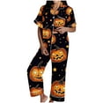 thumbnail image 2 of FDGIU Women's Halloween Pajamas Fashion Short Sleeve Turndown Collar Pajama Pockets Halloween Print Pants Elastic Waist Set, 2 of 5