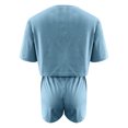 thumbnail image 7 of Scyoekwg Two Piece Outfits for Women Summer Solid Color Trendy Short Sleeve Round Neck Tops Shorts Tracksuit Casual Sweatsuits Sets Loose Matching Sets (Blue,S), 7 of 7