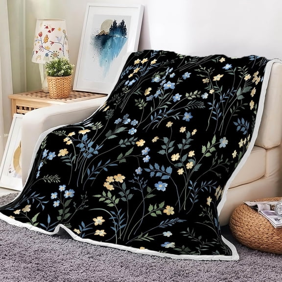 Black Wildflower Floral Throw Blanket, Botanical Printed Flannel Throw to Decorate Room and Bedroom, Rustic, 50" X 60"