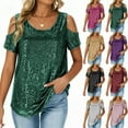 thumbnail image 2 of Cold Shoulder Sequin Party Shirts for Women Dressy Loose Sparkle Short Sleeve Blouse Elegant Business Casual Tops, 2 of 7
