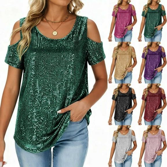 Busydd Womens T Shirts Trendy Short Sleeve off the Shoulder Sequin Tops for Women Casual Loose Comfy Solid Color Round Neck Womens Tops S