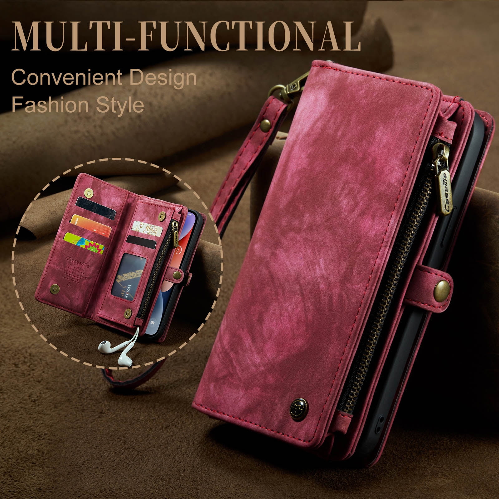 Feishell Durable 2-In-1 Magnetic Detachable Wallet Case for iPhone 15,for Women Men,Premium PU Leather Zipper Pocket Flip Multi Card Slots Purse Phone Case with Wrist Strap,Red