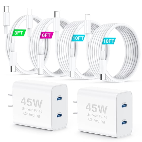 45W Dual Port USB C Fast Charger Block [2-Pack] with 3/6/10/10FT 60W USB C to C Cables, PD 3.0 Super Fast Charging Wall Charger for Samsung Galaxy S26 /S25 Ultra/S24 /S23