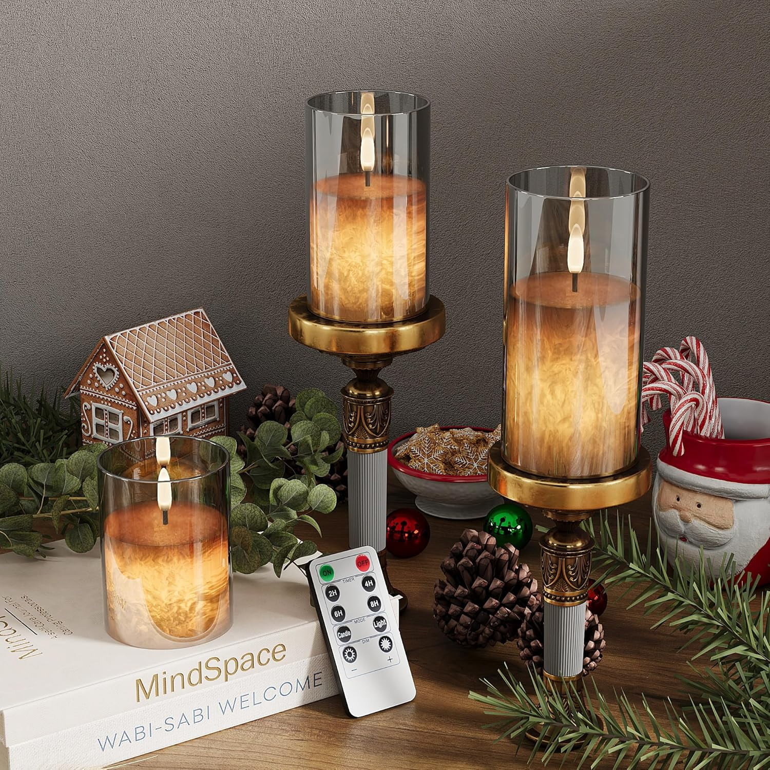 Ice Crystal Real Wax Glass Flameless Candles with Remote & Timer, Battery Operated Candles with Warm Flickering Flame, Realistic LED Candle for Wedding Home Decor [D3×H4/5"/6"] Gold, 3Pack