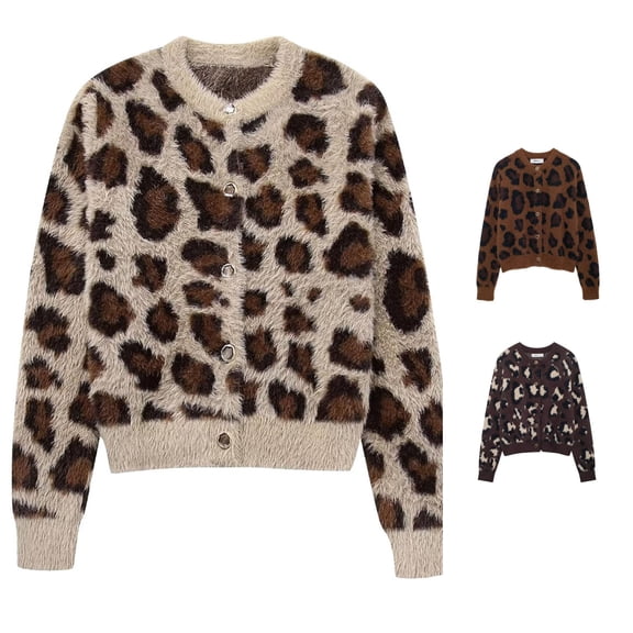 Trendfront Womens Leopard Print Cardigan Sweater Long Sleeve Button Front Knit Jacket Crewneck Casual Animal Pattern Cropped Outerwear