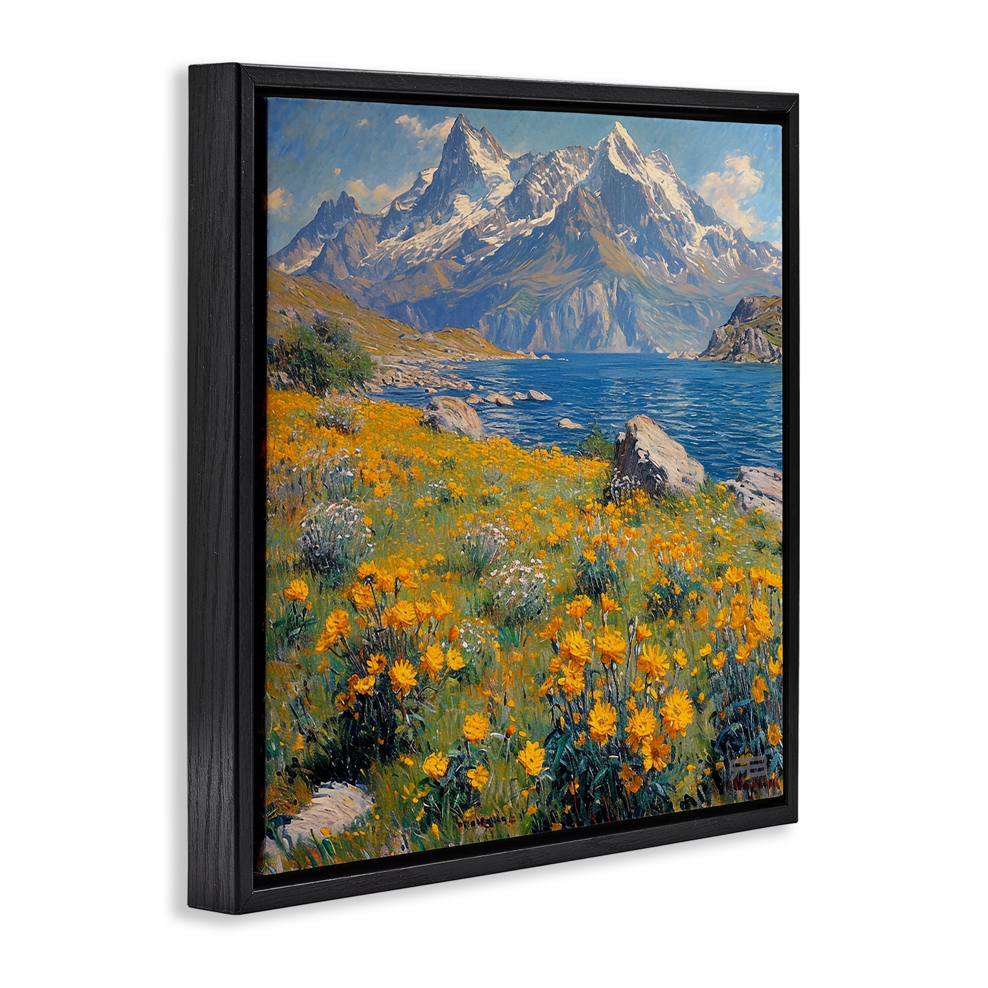 Stupell Industries Mountain Daisy Meadow Landscape & Nature Painting Black Floater Framed Canvas Art Print Wall Art, 25 x 25
