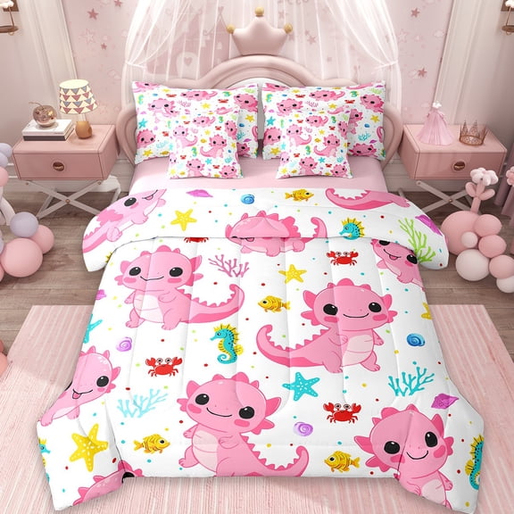 Erosebridal Pink Axolotl Bed in a Bag Twin Size,Cartoon Animal Bed Set,Colorful Sealife Bedding Twin Size For Girls,Ltra Soft Room Decorative Reversible,7 Pieces