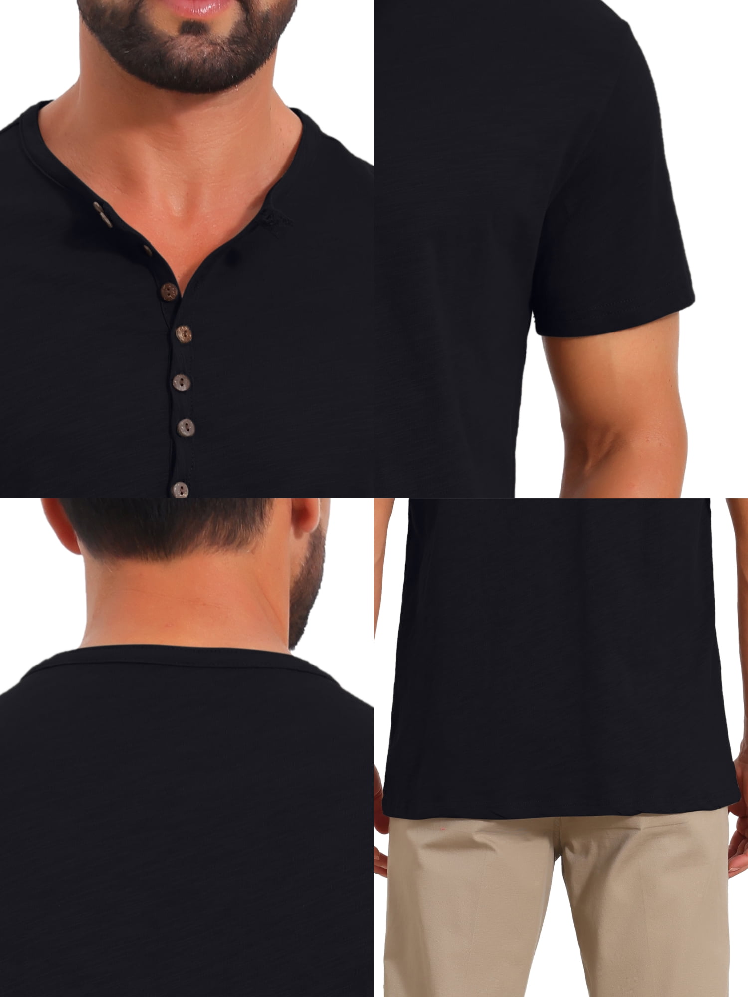 DARING DIVA Men's Retro Henley Texture Button Down Short Sleeve T-Shirt 2XL Black