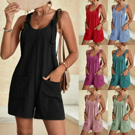 

QWANG 2023 New Womens Casual Summer Cotton Linen Rompers Overalls Jumpsuit Shorts