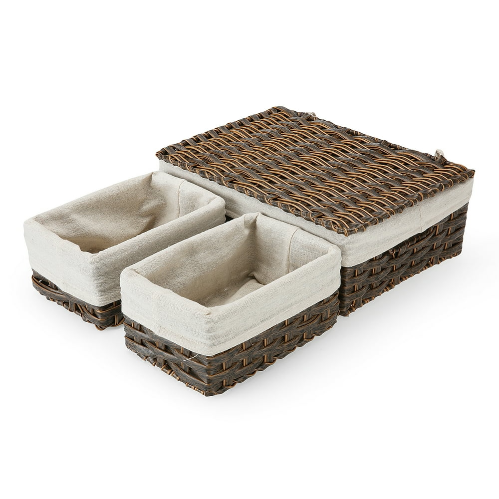 Storage Baskets Set of 3 Wicker Organization Woven Basket with Lids