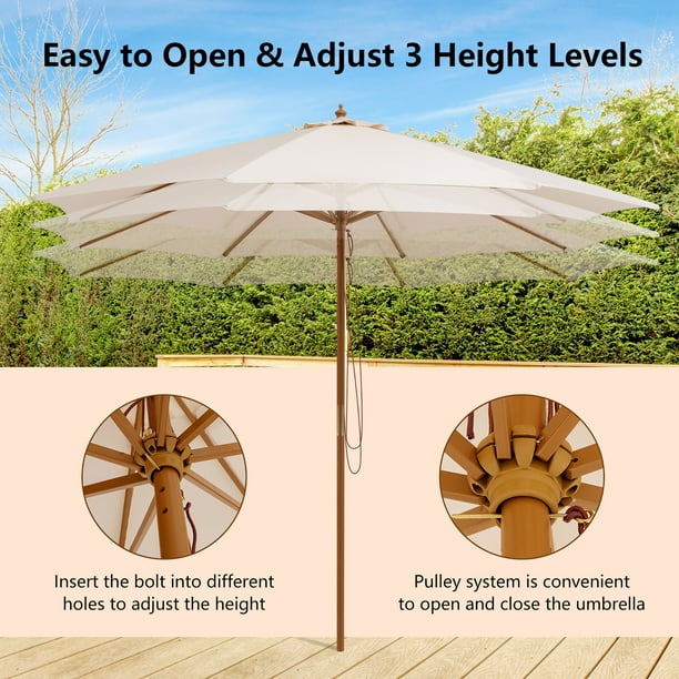 10FT Patio Wooden Market Table Umbrella Pulley w/8 Bamboo Ribs
