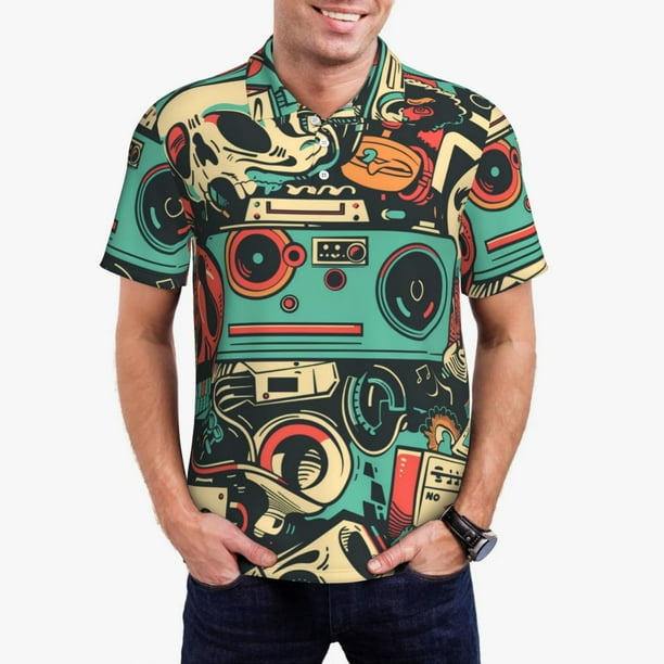 Balery Retro Pop Art Collage Camisa Polo de Hombre con Estampado, de Manga Corta y Tejido Medio, Camisa Tipo Golf Polo-3X-Large